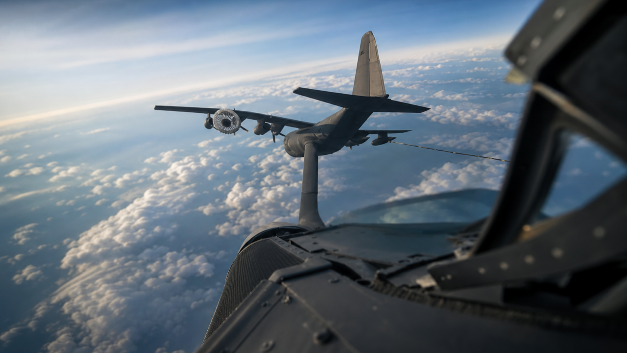 Military refueling flight over the sea