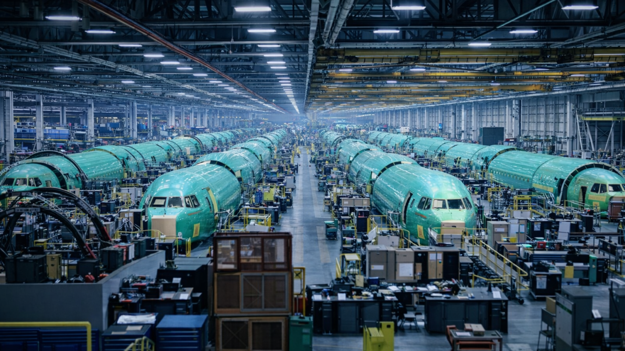 Aircraft assembly hall in industrial plant