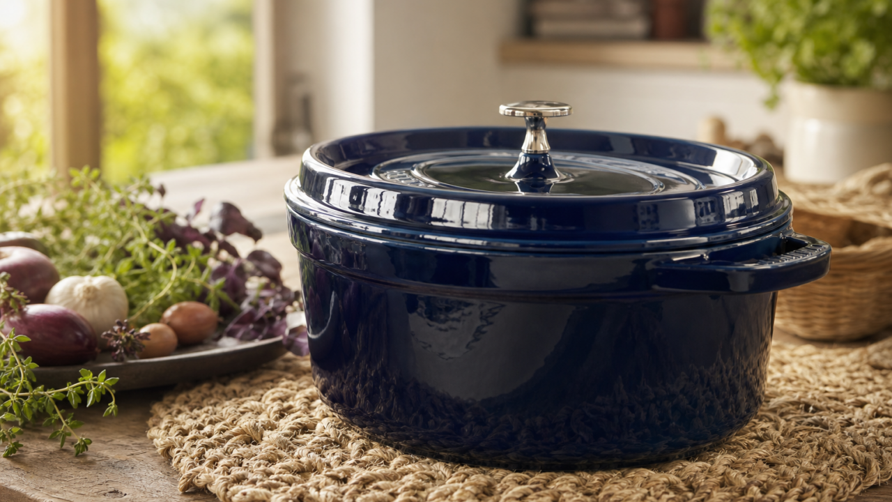 Cocotte en fonte Staub sur table