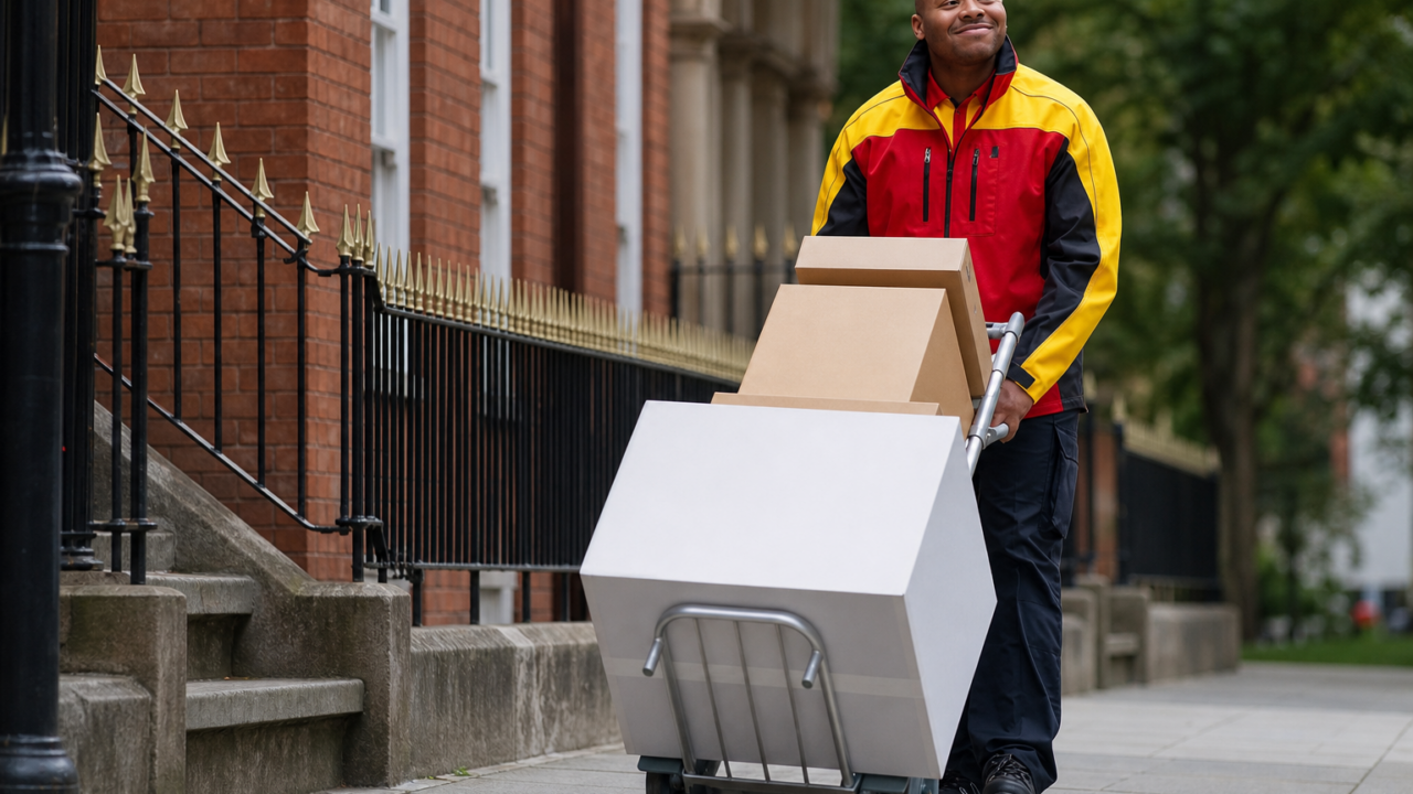 Heavy parcel delivery on sidewalk
