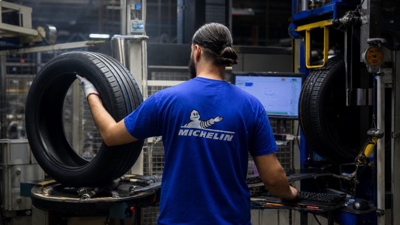 Michelin factory worker at tire test station