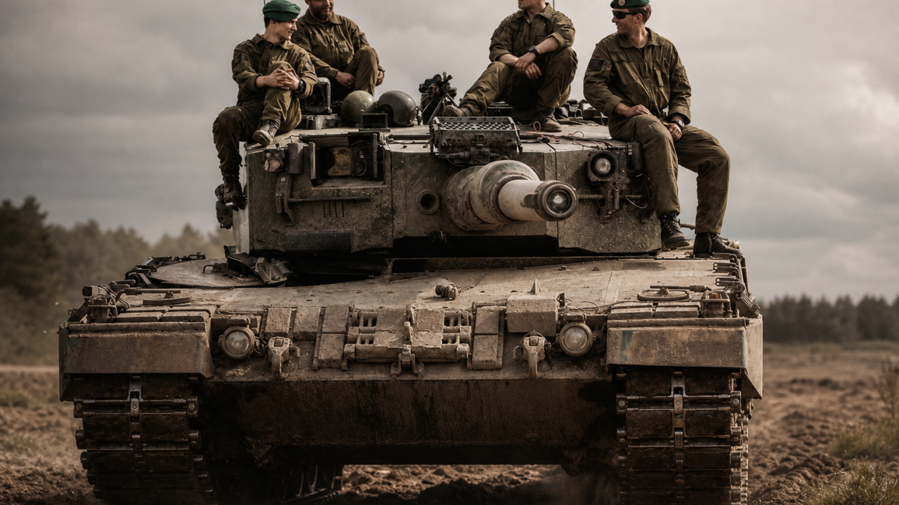 Tank with soldiers on training ground