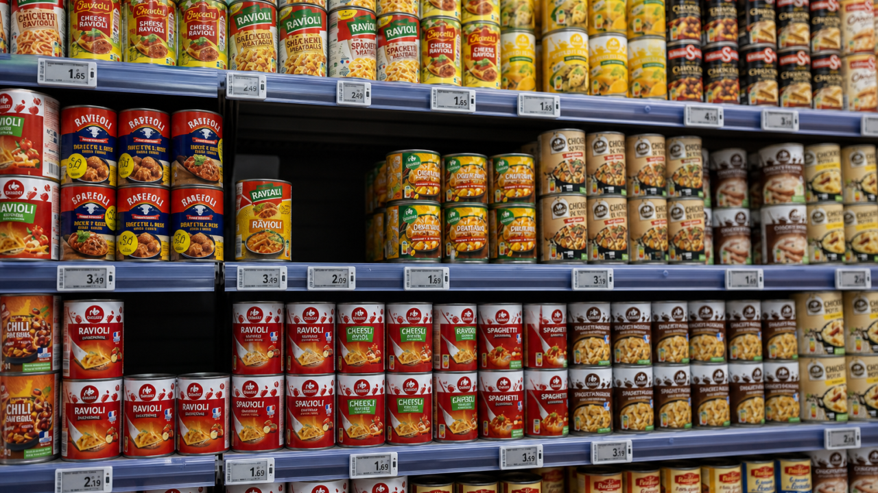 Supermarket shelf of ambient ready meals