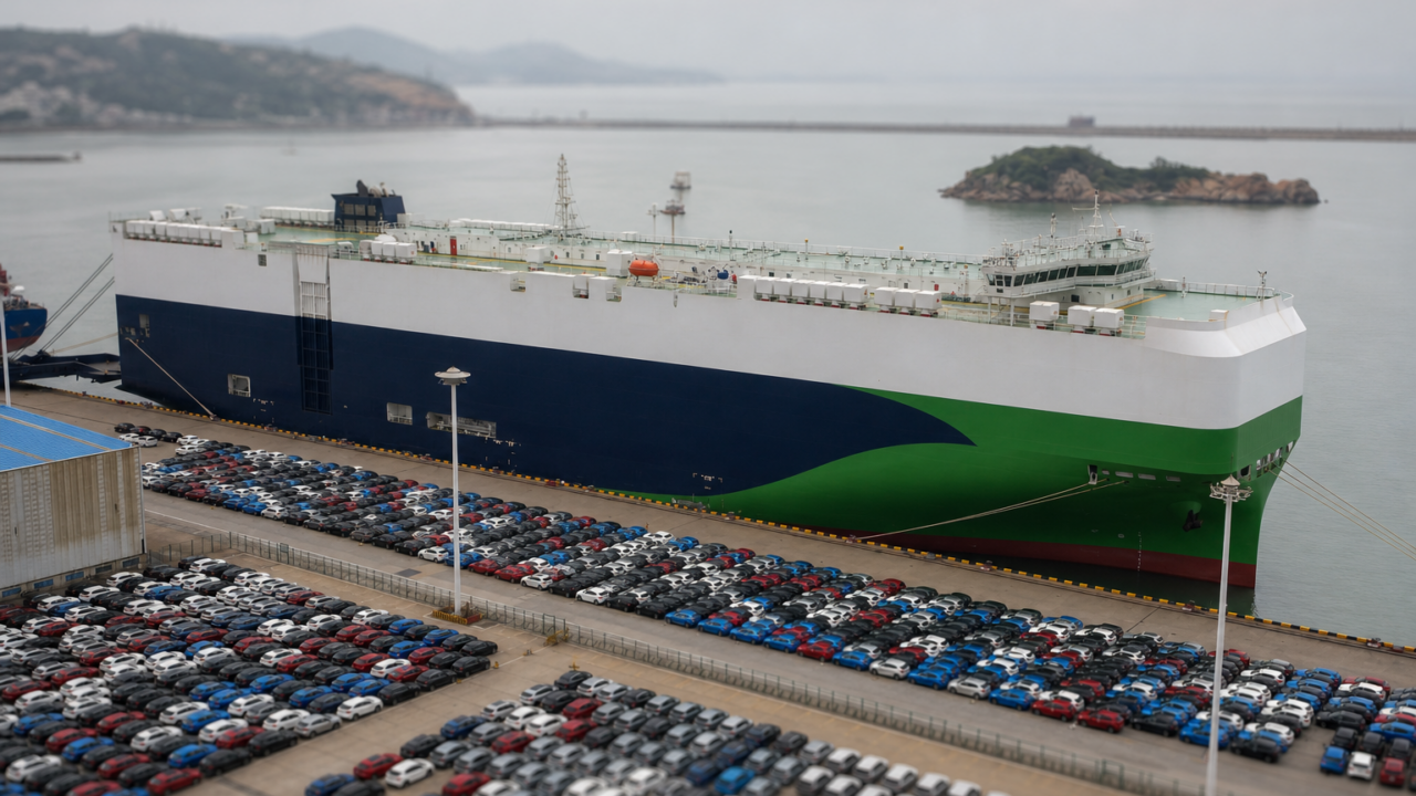 Car carrier ship at auto port