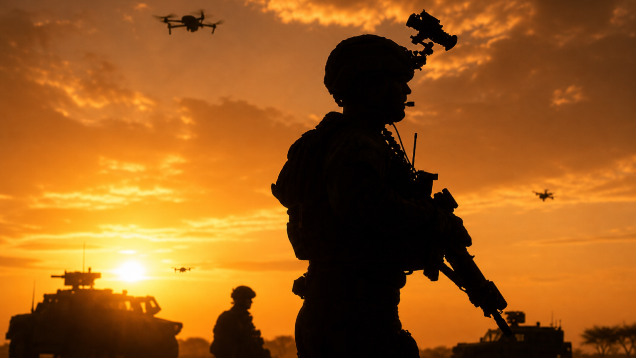 Defense training silhouette at sunset