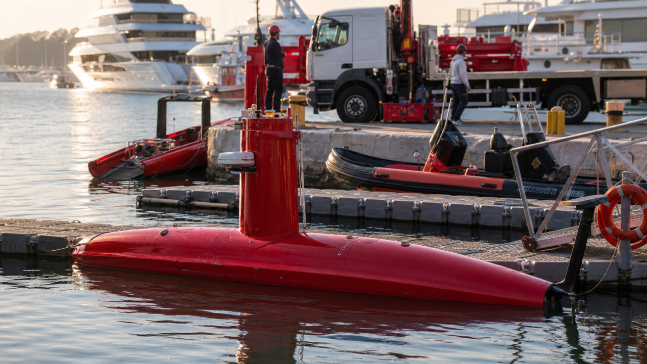 Exail submersible at marina dock