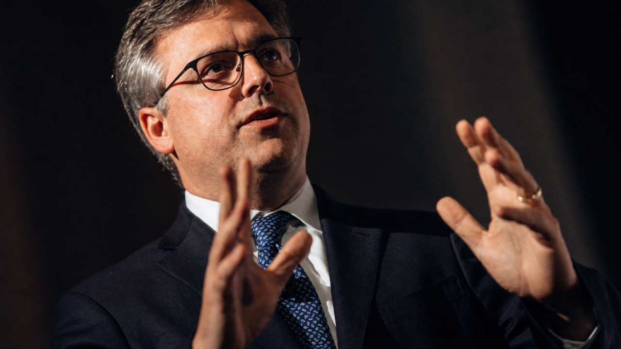 Finance executive speaking at conference