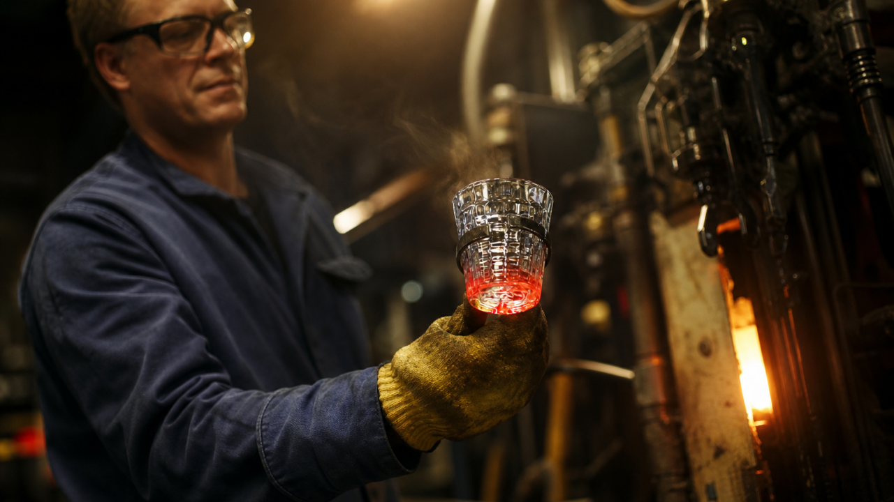 Glass worker in industrial workshop