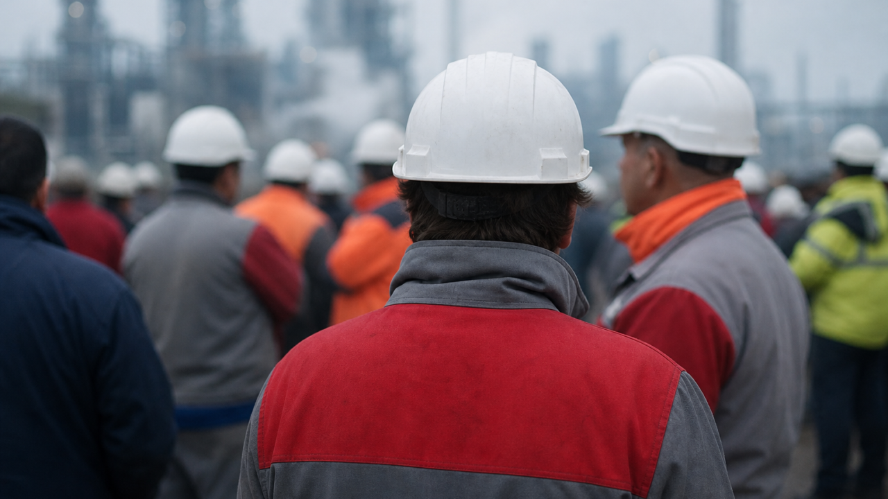 Industrial workers gathering at a site