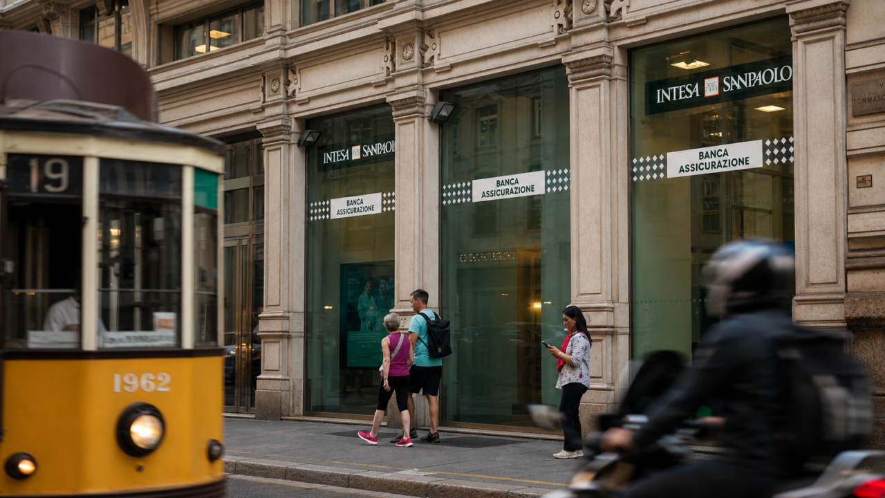 Intesa Sanpaolo branch in Milan street scene