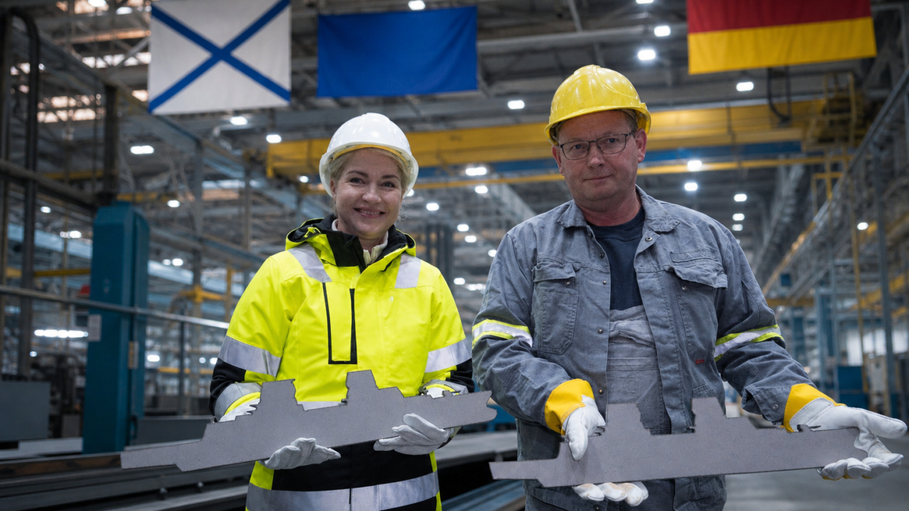 Naval shipyard workers in assembly hall