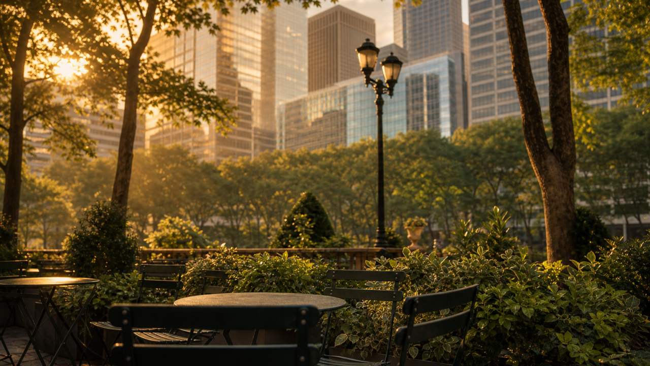 New York park plaza and skyline