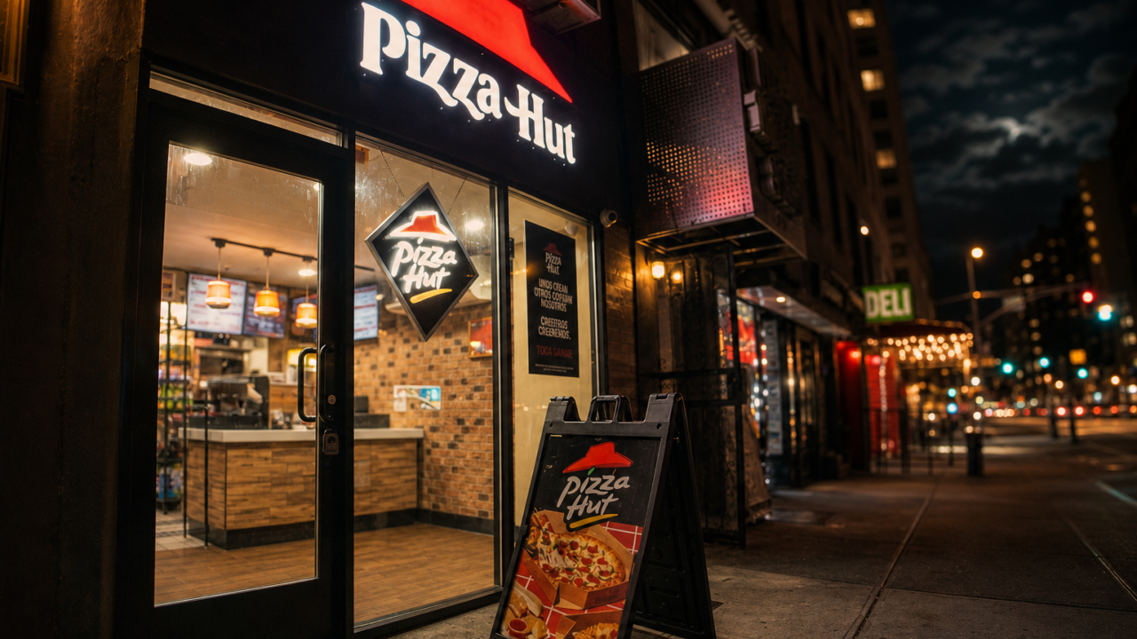 Pizza Hut storefront at night