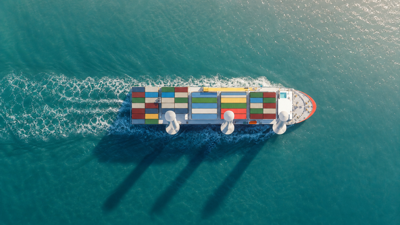 Sail-assisted container ship at sea