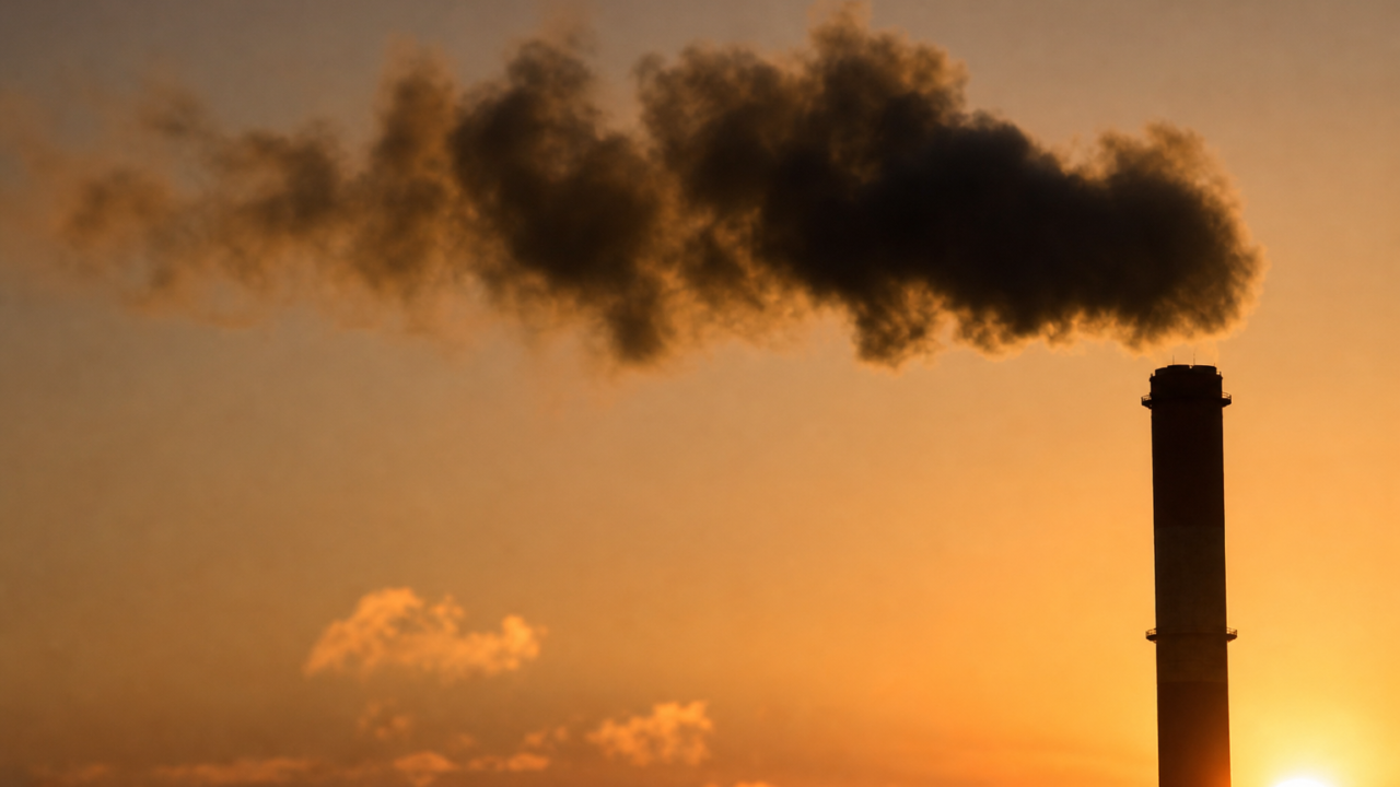 Industrial smokestack at sunset