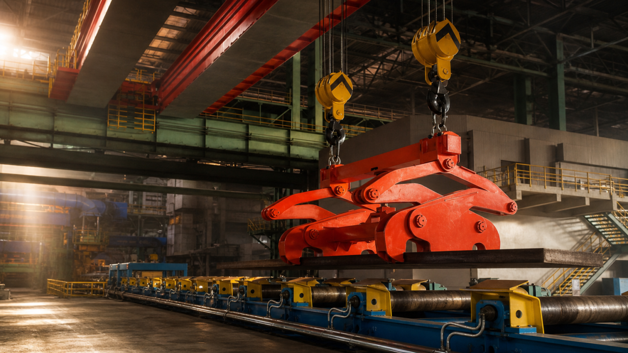 Steel mill interior with crane handling