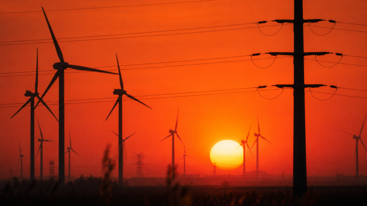 Wind farm at sunset with power lines