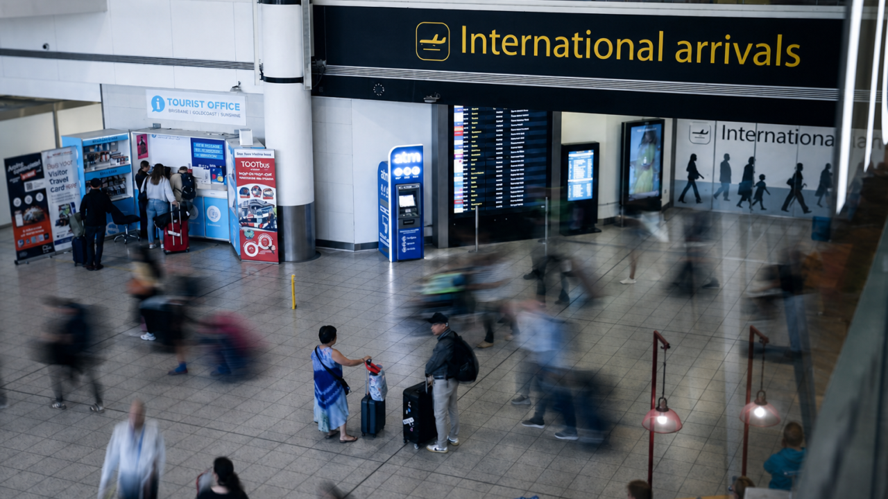 Airport arrivals hall with travelers