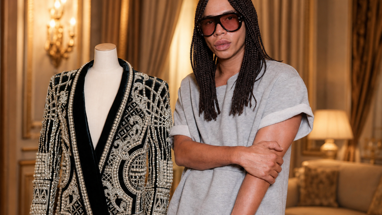 Fashion designer beside embellished jacket