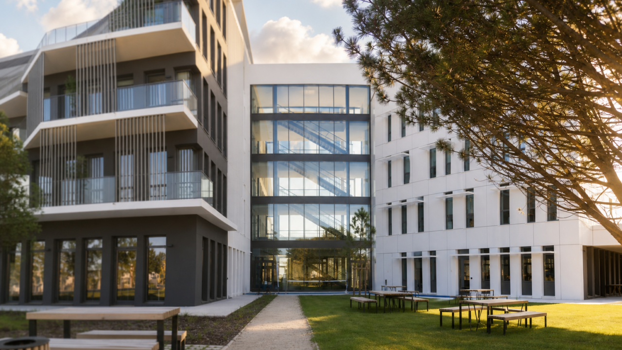 Modern office campus courtyard