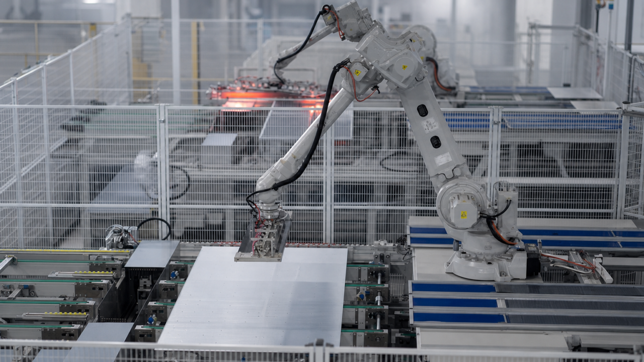 Photovoltaic panel assembly line in factory