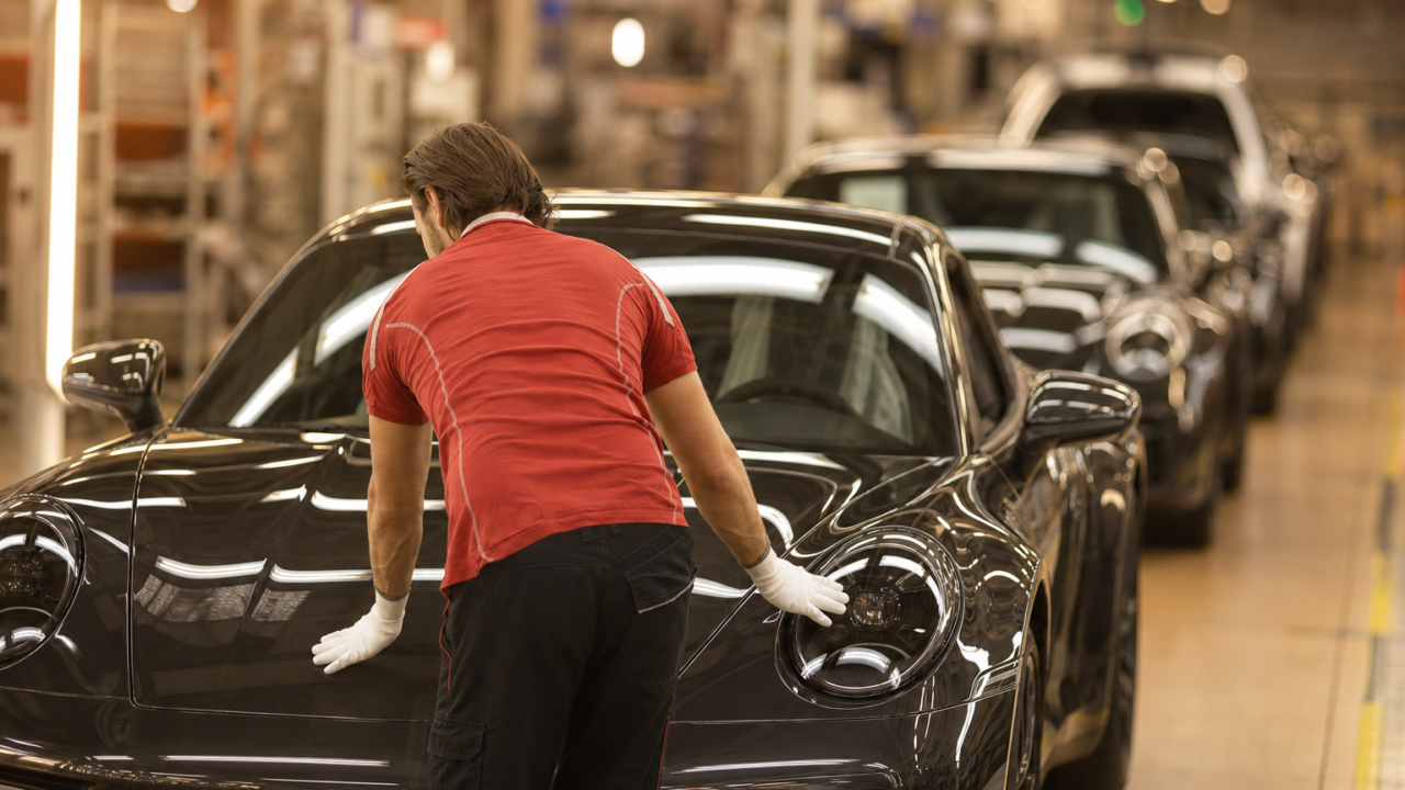 Porsche assembly line worker in factory