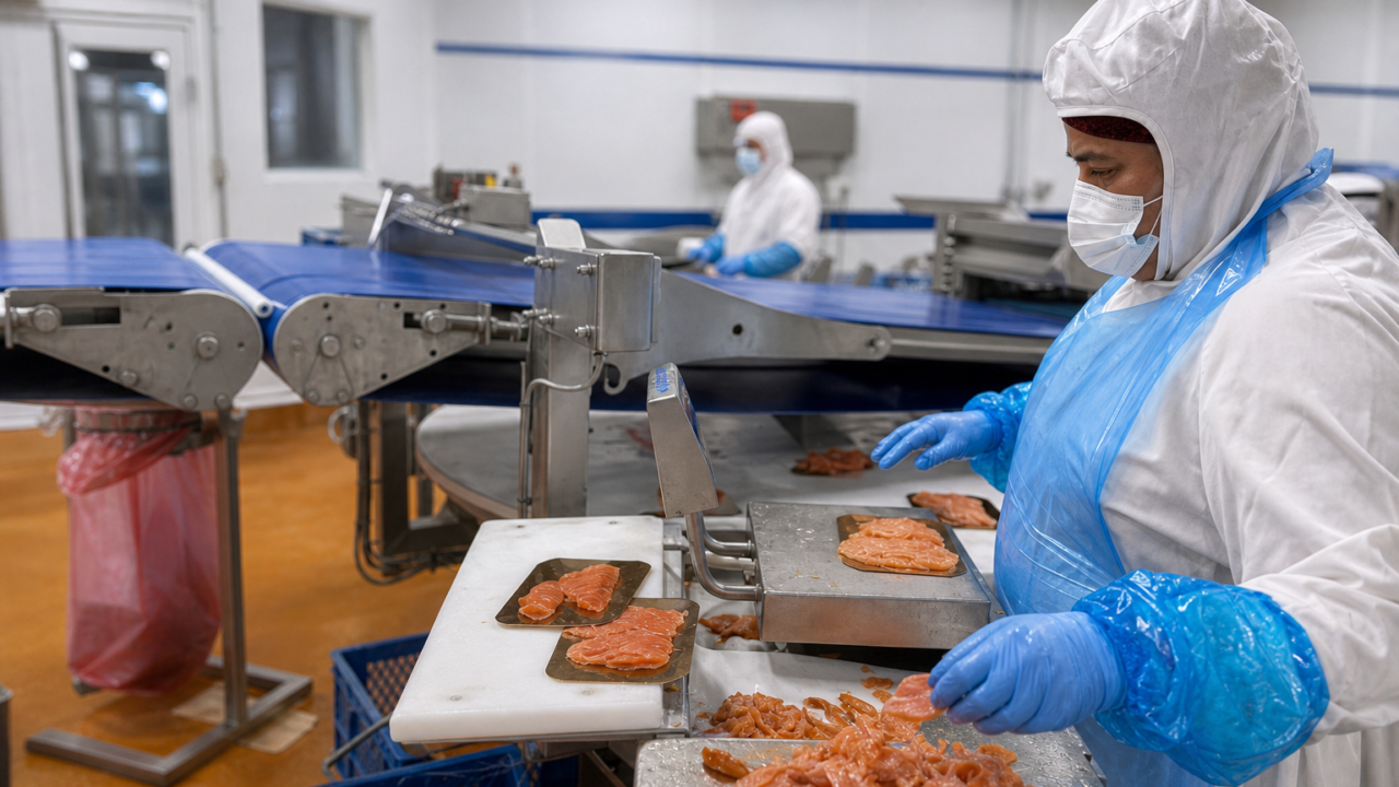 Seafood processing line in industrial plant