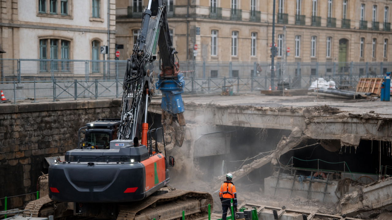 Urban demolition site with excavator