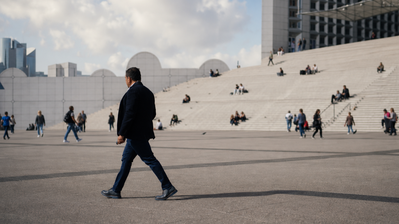 Urban plaza with people on wide steps