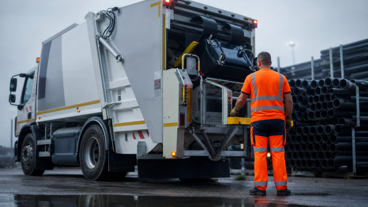Waste truck in industrial yard