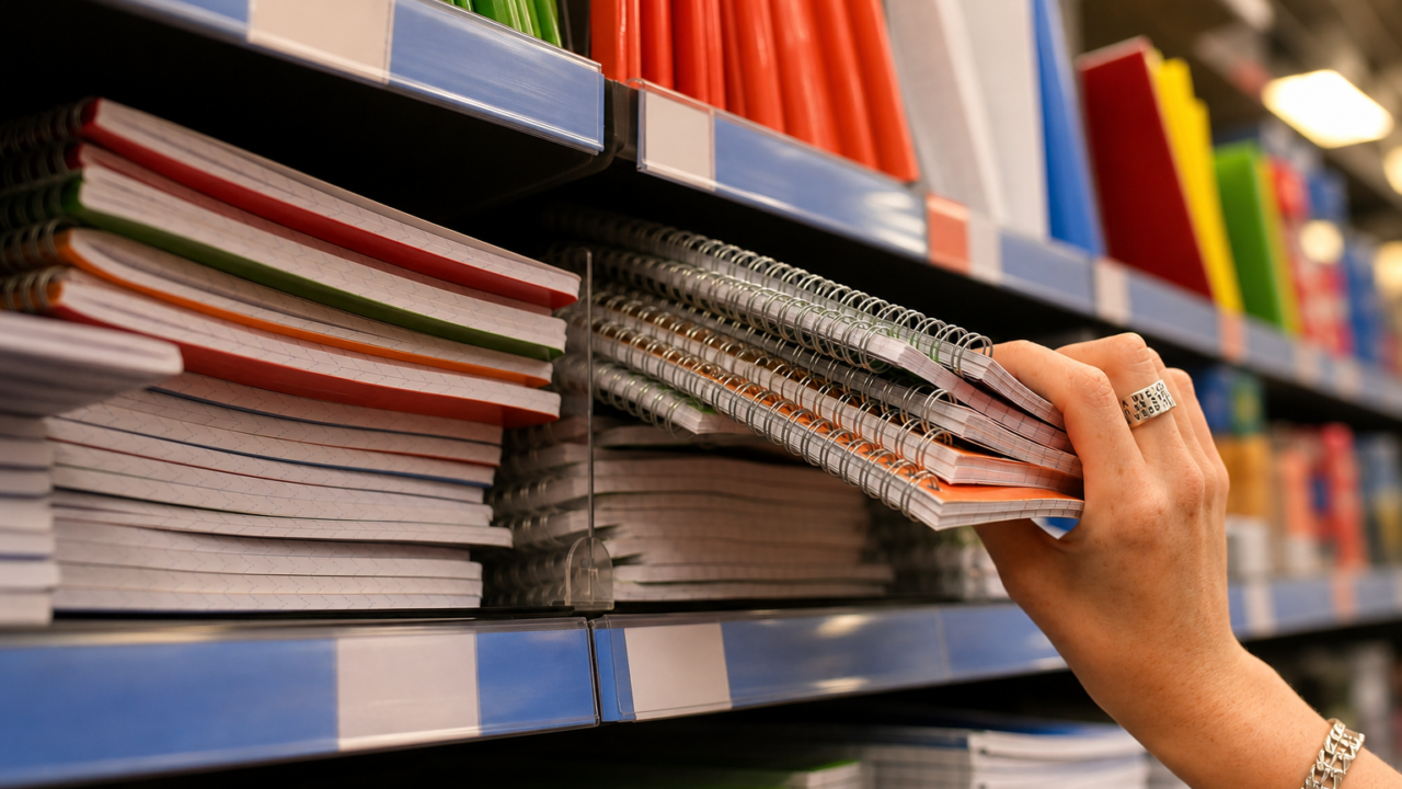 Cahiers et fournitures scolaires en rayon