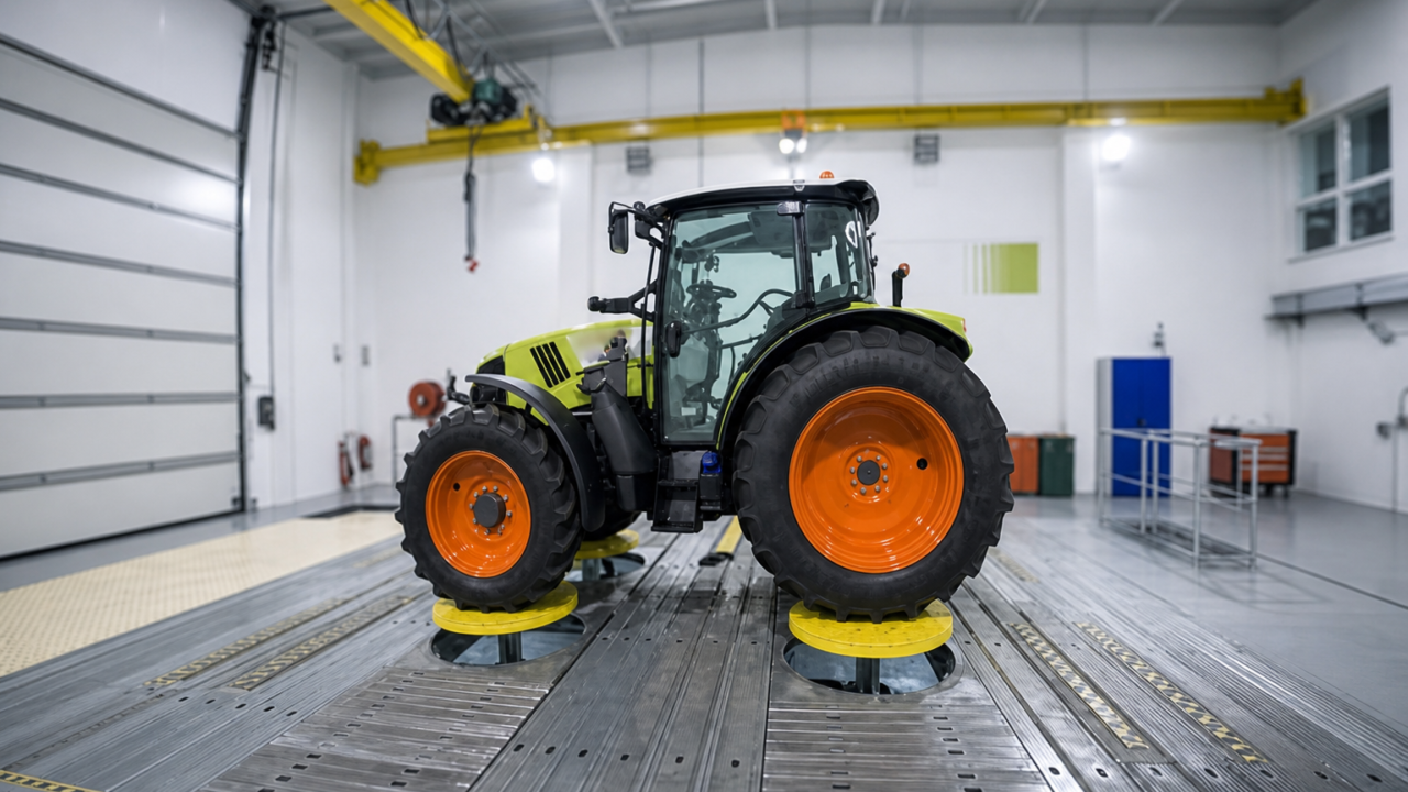 Tracteur agricole en centre d’essais industriel