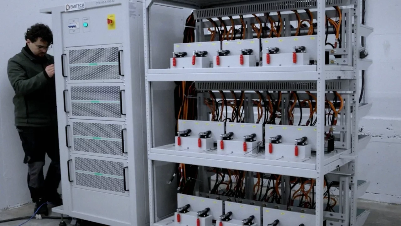 Battery testing rack at Emitech facility