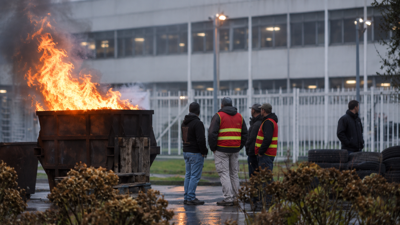 Workers outside a foundry facing industrial closure