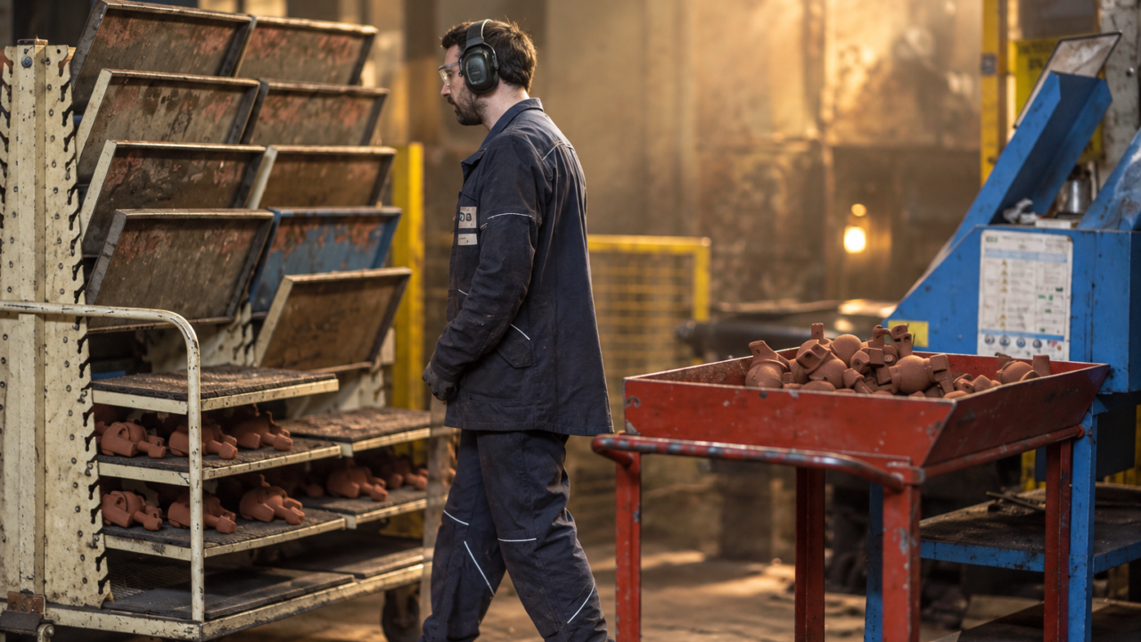 Foundry worker handling cast parts in Caudan