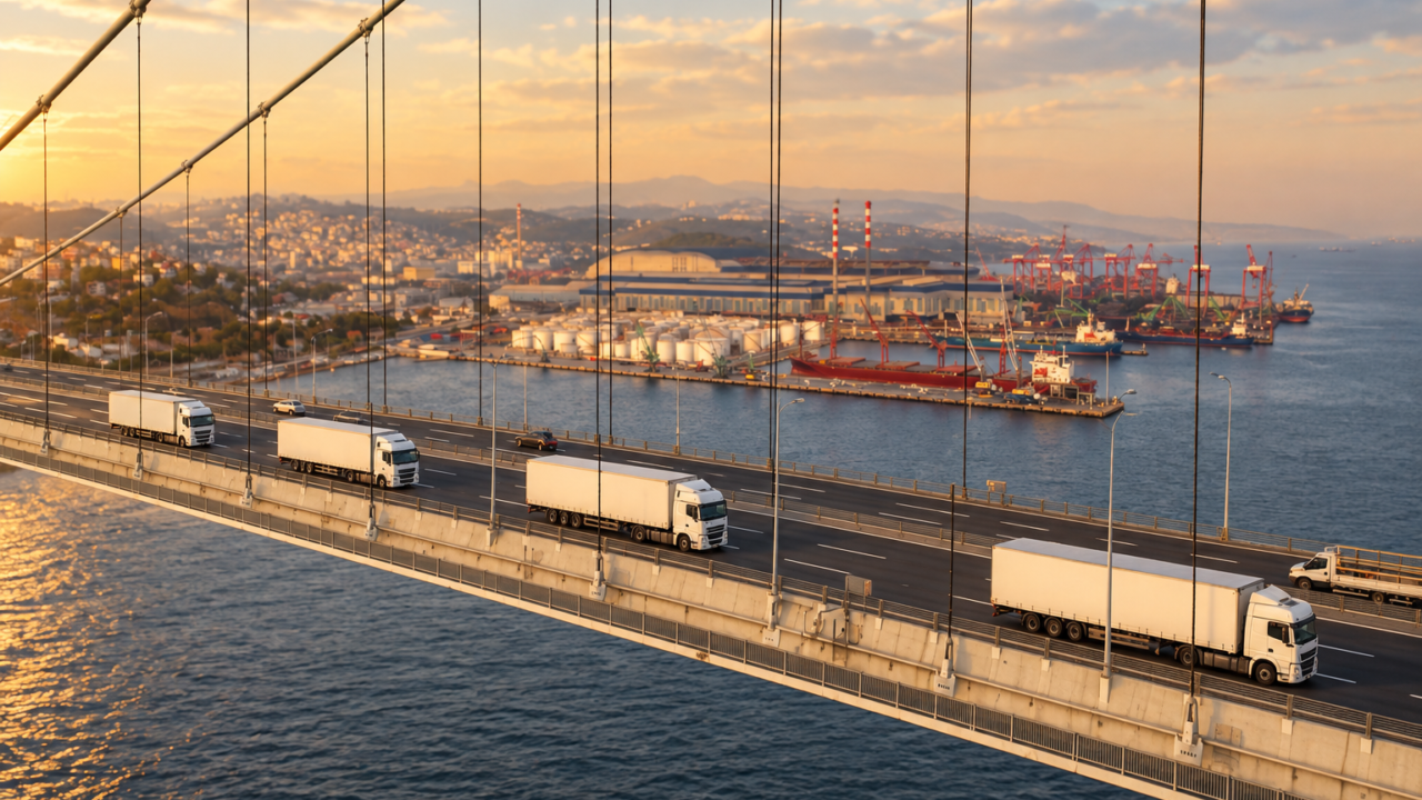 Freight trucks crossing a coastal port bridge