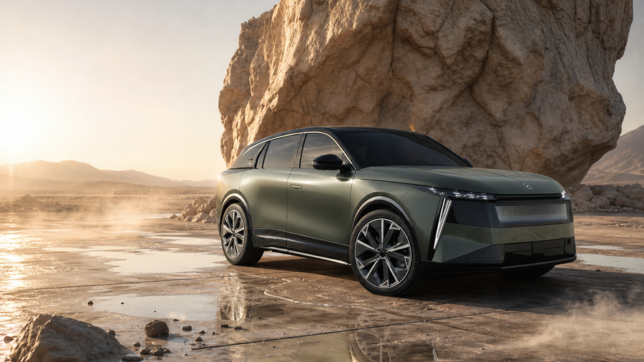 DS N°7 électrique dans un paysage désertique