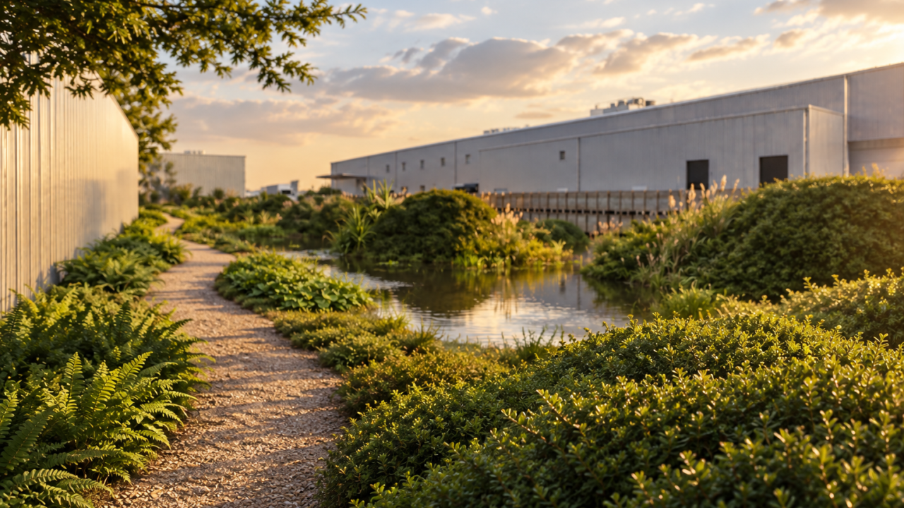 Modern industrial facility in landscaped grounds