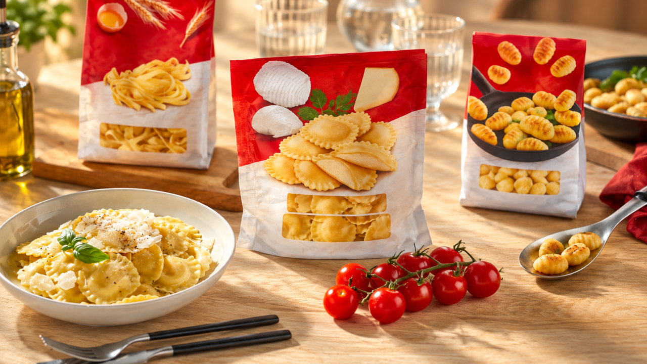 Pasta products and dishes on a wooden table