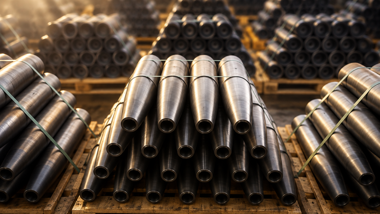 Machined steel components stacked at the Tarbes forges